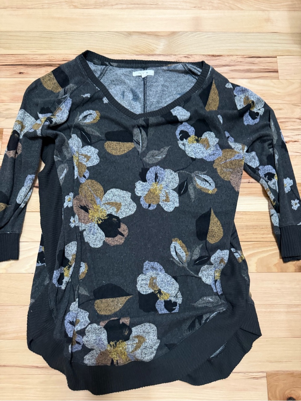 Maurices Charcoal Floral V-Neck Sweater Top